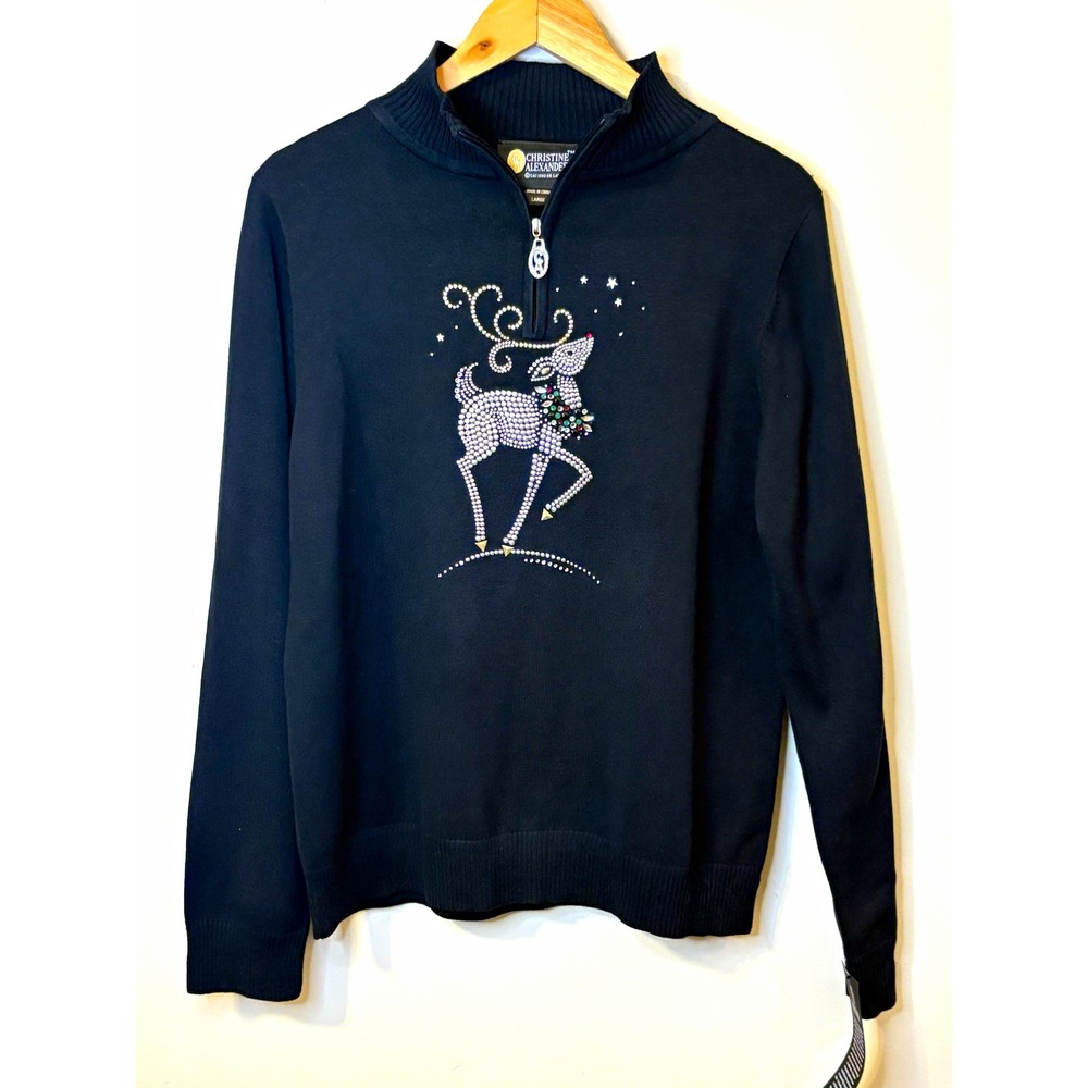 Christine Alexander Black 1/4 Zip Mock Neck Rhinestone Reindeer Sweater L NWT